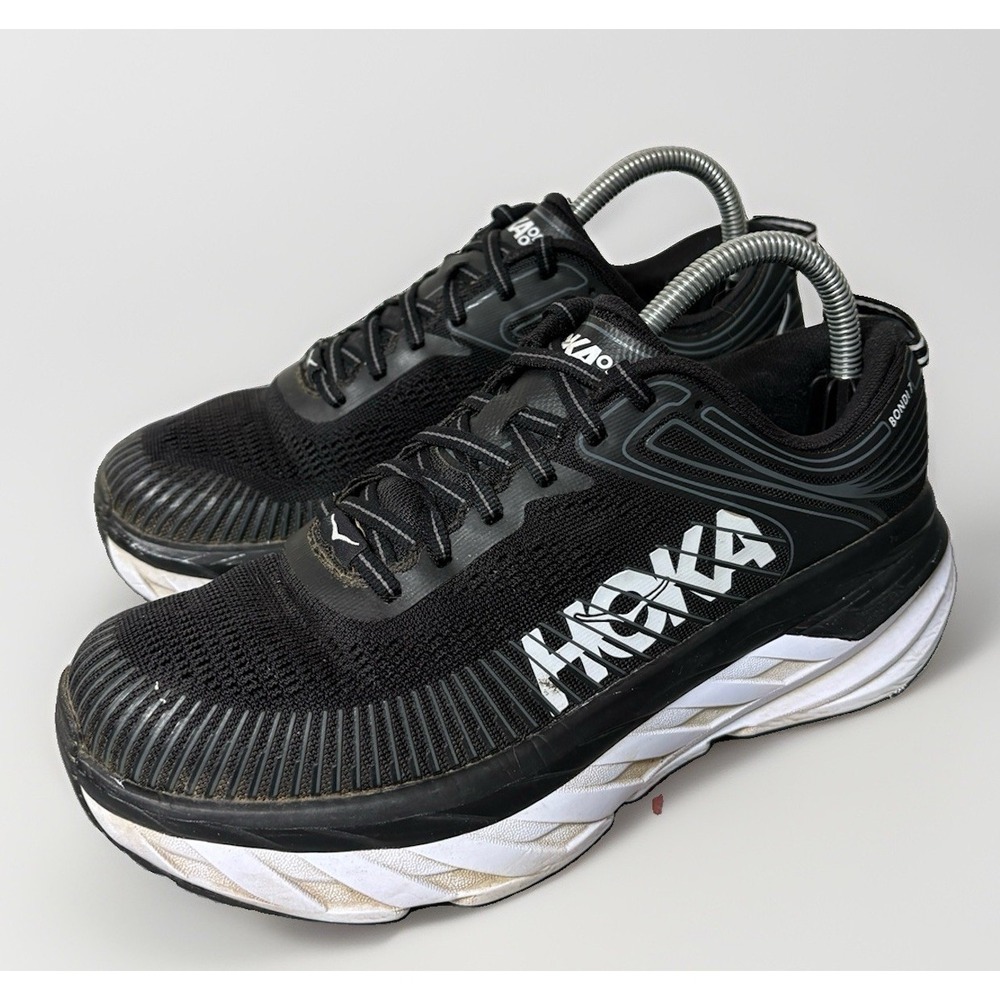 Hoka One One Bondi 7 Womens Black Mesh Running Shoes 7.5 1110519-BWHT